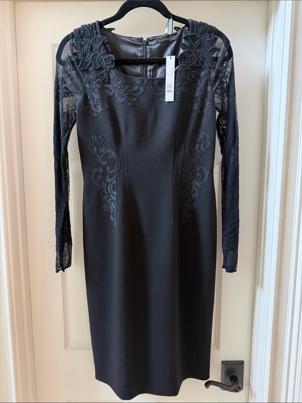 Elie Tahari Elegant Black Lace Sleeve Sheath Dress